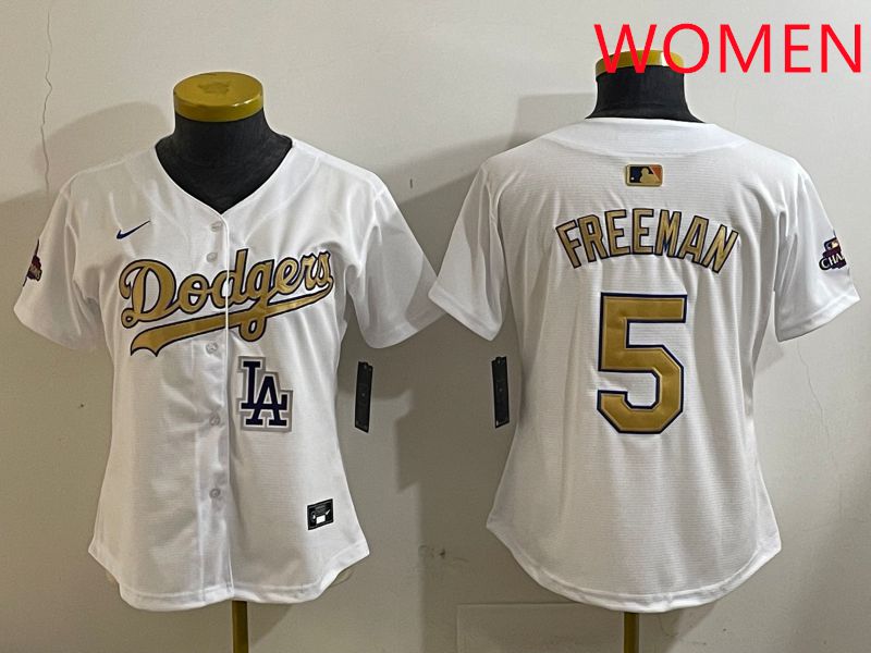 Women Los Angeles Dodgers #5 Freeman White Champion gold character 2025 Nike MLB Jersey style 4127->women mlb jersey->Women Jersey